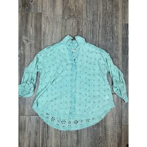 We The Free Top, Mae Eyelet‎ Embroidered Button Down Shirt, Turquoise, Large